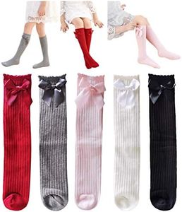 Toptim Little Girl's Knee High Socks Over Calf Kids Overknee Stockings Bow Style 3-12T(Bow2-5Piars)