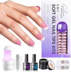 Gellen French Tips Gel X Nail Kit - Pink Short Square Press on Nails French Tip Gel Nail Kits Including Gel Top Coat and Base Coat, UV Lamp, Solid Nail Glue Gel, Nail Charms for French Tip Manicure