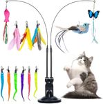 Cat Toys Set, 15PCS Interactive Cat Toys with 2 Slots Super Suction Cup, 12PCS Replacement Teaser Refills with Bell, Interactive Cat Toys are Suitable for Cats to Play and Exercise Indoors