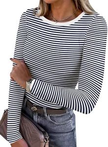 ANRABESS Women Long Sleeve Shirts Ribbed Fitted Tops,Navy Blue White,XL | Slim Basic Tee,2026 Fall Outfits,Lightweight Knit T-Shirt,Soft Underscrub,Winter Layer Clothing,Casual Work & Everyday Wear