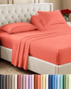 Split Head King Sheet Set – 4 Piece Flex Split Top King Sheets for Adjustable Beds - Fits 14” to 16" Mattress w/ Deep Pockets - Ultra-Soft, Breathable & Cooling - Luxury Bedding & Wrinkle Free - Coral