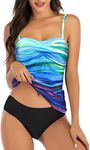 Shuangyu Women Bandeau Tankini Swimsuit Front Twist Bikini Top Swimwear Ruched High Waisted Bottom Tummy Control Bathing Suits Gradient Ramps S