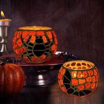 SHMILMH Halloween Candle Holder Set of 4, Mosaic Glass Tealight Holders with Spider and Bat, Votive Candle Holders for Table Centerpiece Fireplace Party Decorations