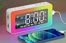 AFEXOA Digital Alarm Clock for Bedrooms, Mirror Alarm with 8 RGB Night Lights, Dual Alarms, 8 White Noise, 7 Wake-Up Sounds, USB Port, 16 Volume, Brightness Dimmable, Snooze (White-1) (RE)