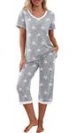 VINTATRE Women's Pajama Set Short Sleeve Shirt and Capri Pants Sleepwear Pjs Sets with Pockets FP-Pink Star-S