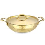 Pipal Brass Kadhai - 3600 ml | Teflon Free Naturally Non Stick Brass Kadai for Cooking & Serving | Pure Brass Kadhai with Tin Coating | Brass Utensils for Kitchen | with Lid & Handle On Both Side