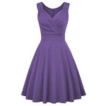 Women 50s 60s Vintage Sleeveless V-Neck Cocktail Swing Dress 1950s Wedding Semi Formal Party Rockabilly Evening Prom Dress, Purple, Large