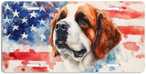 NGZ Saint Bernard Dog License Plate, Funny Pet American Flag Painting Aluminum License Plate Suitable for Car, RVs, Bars, Fences, garages, etc. 12x6 Inch