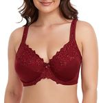 Ayigedu Women's Underwire Bra Non-Padded Floral Lace Plus Size Full Coverage Minimizer 40-D Wine Red