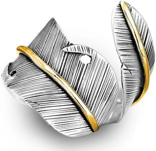 Boho-Magic 925 Sterling Silver and Brass Leaf Adjustable Ring for Women, Cool Plain Simple Open Wrap Feather Ring Size 7-10