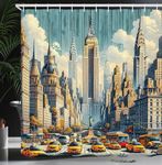 Ambesonne Urban Art Shower Curtain, Big City Scene Rush Hour Taxi Cars Skyscrapers NYC Street Inspired, Cloth Fabric Bathroom Decor Set with Hooks, 69" W x 70" L, Orange Ecru Cadet Blue