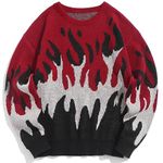 ZAFUL Mens Crewneck Oversized Sweaters Y2K Aesthetic Flame Graphic Knitted Sweater Casual Pullover Long Sleeve Jumpers, Wine Red, Medium