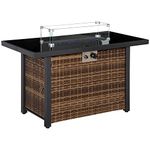 Outsunny Propane Fire Pit Table 43" Outdoor Fire Table, 50,000 BTU Pulse-Ignition Wicker Firepit Furniture with Glass Wind Guard, Blue Glass Rock, CSA Certification, Brown
