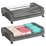 2 Pack Under Bed Storage with Wheels Lid 48L Rolling Metal Frame Underbed Containers Clear Window Storage Bag Box Organization Home Bedroom Organizer Drawer Bin for Clothes Shoes Toys Blankets Grey