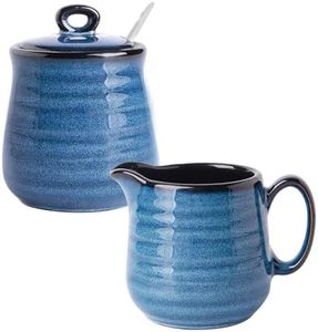 Hasense Sugar and Creamer Set, 3 Pieces with 11 Ounce Sugar Bowl with Lid and Spoon, 10 Ounce Creamer Pitcher, Ceramic Milk Pitcher and Sugar Pot for Coffee Bar, Coffee Serving Set, Navy Blue