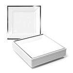 MATANA 100 Premium White Square Plastic Dessert Plates with Silver Rim, 16.5cm / 6.5 Inch - Reusable Small Side Plates, Starter Plates for Weddings, Birthdays, Picnic, BBQ, Parties