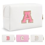 Personalized Makeup Bag Initial A-Z Preppy Patch Bag,Small PU Leather Travel Cosmetic Bag Pouch with Zipper,White Cute Toiletry Bag,Gift Ideal for Teen Girls Women Birthday Friend Mom,Letter A