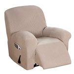 BellaHills Stretch Recliner Cover Recliner Chair Covers for Living Room Recliner Chair Slipcover with Side Pocket, Thick Soft Small Checked Jacquard, Fitted Standard/Oversized Recliner, Sand