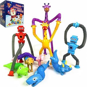 HRWTOYS 9 Pieces Pop Tubes Robot Mixed Animal Gift Box, Shape Changing Telescopic Tube Fidget Toys, Sensory Tubes for Toddlers, Pop Tubes, Fidget Tubes Sensory Toys for Girls Boys (Regular)