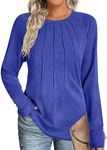 Zeagoo Women's Cotton Long Sleeve Blouse Round Neck Tunic Shirts Pleated Front Casual Tunics Loose Fit, Light Royal Blue L