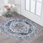 KOZYFLY Boho Round Rug 3 Ft Rugs for Entryway Washable Circle Rug Non Slip Round Doormat Blue Printed Faux Wool Vintage Round Entryway Rug Floor Carpet Round for Entrance, Entryway, Bedroom