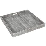 MyGift 17-inch Large Square Rustic Whitewashed Gray Wood Ottoman Tray with Cutout Handles