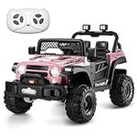 TEOAYEAH 12V 4WD Ride on Truck Car for Kids, Powerful Electric Vehicle w/Parent Control, Wireless Music/USB, Wear-Resistance Wheels, Storage Trunk, Spring Suspension, Ideal Gift to Kids-Pink