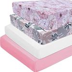 AMROSE 4 Pack Soft Floral Crib Sheets for Baby Girls, 28'' X 52'' Fitted Crib Sheets for Crib and Toddler Mattress Pad, Silk Touch Gentle Breathable Microfiber, Pink Floral & Leaf