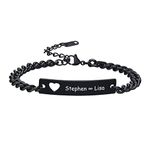 VNOX Personalized Link Bracelets, Free Custom Name Bracelet for Boys Girls, Friendship Relationship Gift Black Hollow Heart Tag Curb Link Charm Cuff for Men Women