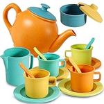 AOLEVA Kids Tea Set for Little Girls Toddler, Pretend Play Afternoon Tea Party Set Kitchen Accessories Plastic Picnic Toys for Kids Girls Boys Toddler 3 4 5 Years Old