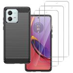 carinacoco Case for Motorola Moto G84 5G with 3 Tempered Glass Screen Protector, Soft TPU Carbon Fiber Texture Shockproof Bumper Anti-Drop Rugged Cover, Ultra Slim Anti-Scratch Phone Case, Black