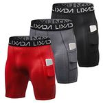 Lixada Men's Compression Shorts Performance Sports Baselayer Cool Dry Tights Active Workout Underwear Base Layer Tights with Pockets - 3 Pack (Black&Grey&Red, L)