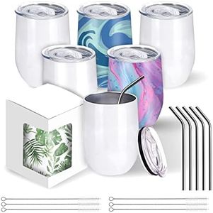 BetterSub Sublimation Wine Tumblers 12oz Double Wall Insulated Sublimation Blanks Tumblers, Stainless Steel Sublimation Cups with Lid, Metal Straw, Brush, Display Box, 6 Set White
