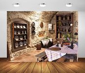 BELECO 2.7x1.8m Fabric Old Kitchen Backdrop for Photography Ancient Stone Wall Castle Kitchen Interior Cooking Utensils Dining Table Background Portrait Photoshoot Studio Photo Wall Mural