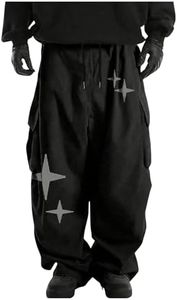 OYOANGLE Men's Baggy Cargo Pants Star Print Drawstring Waist Y2K Straight Leg Trousers Streetwear Black Large