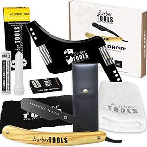Kit de afeitado: navaja de afeitar de barbero con cuchilla intercambiable + 40 cuchillas dobles + paño + barra de alumbre + estuche de almacenamiento + toalla de afeitado + peine plantilla