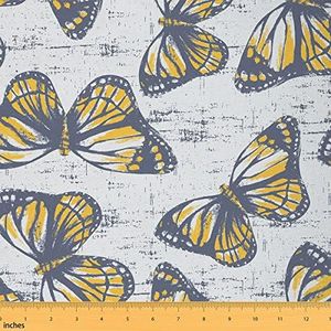 Feelyou Butterfly Fabric by The Yard,Butterflies Print Upholstery Fabric for Chairs, Girl Butterfly Floral Beautiful Natural Theme Yellow Beige Grey Decorative Waterproof Outdoor Fabric, 2 Yards,