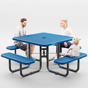 OUTTANS Metal Picnic Tables for Outdoors with Umbrella Hole - Coated Steel Heavy Duty Commercial Grade Table with Adjustable Seats (Blue, 46 in, Square, Expanded Steel)