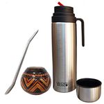 Gaucho Bruno Yerba Mate Cup, Straw, Flask Set - Tribal Ceramic Gourd Mug, Stainless Steel Bombilla Drinking Straw and 1 Litre Flask with Red Pouring Spout - Reusable Home and Travel Drinks Kit