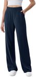 ODODOS Chiffon Flowy Wide Leg Pants for Women Lightweight High Waist Pull-On Pants with Pockets, 29" Inseam, Dark Blue, Medium