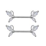 BODYA 2Pcs 1 Pair Stainless Steel Nipple Rings Nipple Nails with Cute Double Cubic Zirconia Butterfly Wing Bar Straight Barbell Body Piercing Jewelry for Women Girls