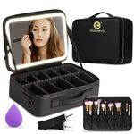 Oceanevo Medium Cosmetic Organizer Bag with Rechargeable LED Mirror and Makeup Sponge Included, Makeup Vanity Box with 3 LED Brightness Modes and Adjustable Dividers - 37 x 26 x 12 Cm - Black PU