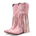 LIPIJIXI Women's Tassel Cowgirl Boots Pink Fringe Mid Calf Cowboy Boots for Women Snip Toe Chunky Heel Silp On Wide Calf Western Boots Summer Size 41