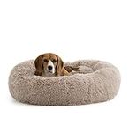 Brindle Donut Cuddler Pet Bed - Plush Dog and Cat Bed - Cozy Shag Faux Fur - Calming Dog Bed - Ergonomic Design - Head and Neck Support, Taupe, Medium