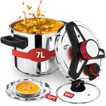 3-In-1 304 Stainless Steel Pressure Cooker 7 Litre: [Explosion-Proof] [3 PSI Settings], One-Hand Locking, Induction Compatible, Glass Lid & Steamer Rack Included, Olla de Presion