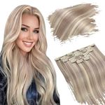 Ugeat 18inch Clip in Hair Extensions Human Hair Highlighted Dirty Blonde With Platinum Blonde Hair Extensions Clip in Human Hair Invisible Clip in Extensions 120 Grams #P20/60