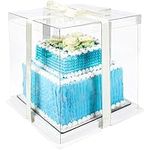 Belle Vous Clear Plastic Tall Cake Box with Boards & Ribbon - 26 x 26 x 28cm/10.23 x 10.23 x 11 Inches - Transparent Tall Cake Gift Packaging Carrier Box for Birthdays, Weddings & Parties