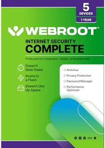 Webroot SecureAnywhere Internet Security Complete, Virus Protection Software for 5 Devices - Includes Identity Protection, Secure Web Browsing, Password Manager, Cloud Backup, 1YR, PC/Mac Keycard