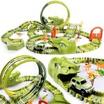 burgkidz Dinosaur Race Tracks Play Vehicles Toys Set, 387 Pcs Flexible Dinos Train Tracks with 360 Loop and Auto Turntable Playset, 2 Race Cars and 6 Dinosaur Toys, Gift for Kids Ages 3+