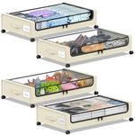 YAASHEEN Under Bed Storage with Wheels, Under the Bed Storage Containers with Clear Lids & Label, Underbed Storage Bins, XXL 60L Rolling Metal Drawer for Clothes, Shoes, Toys, Books (4-Pack Beige)